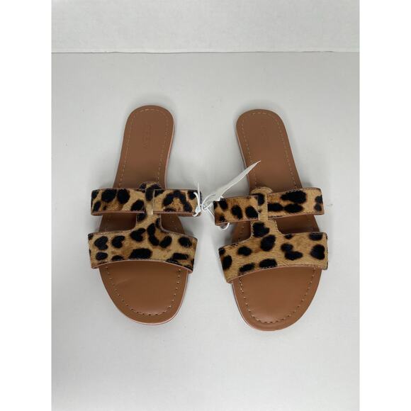 NEW J.Crew Womens Brown Tan Leopard Print Fur Beachside Slide Sandals Size 6 - Picture 3 of 7